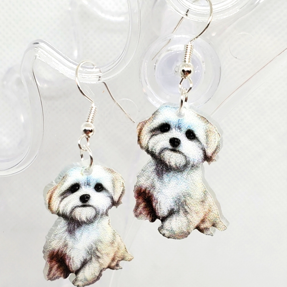 7/$10 White Dog Acrylic Earrings, New